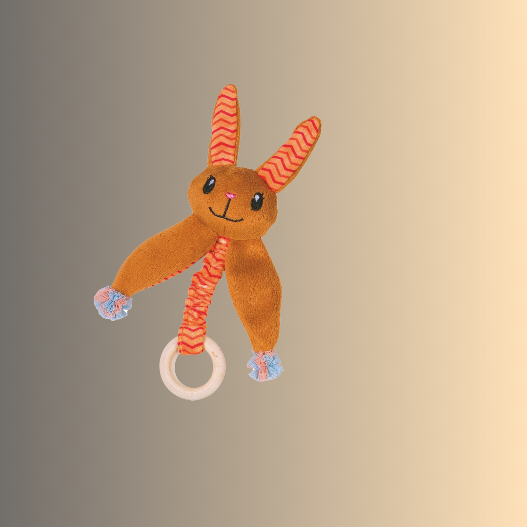 Lapin en peluche avec herbe à chat et anneau en bois